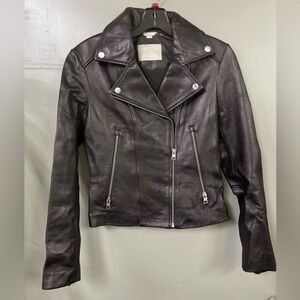 SOIA & KYO Women's Black Leather Moto Jacket Asymmetrical Zip Cropped Size XS